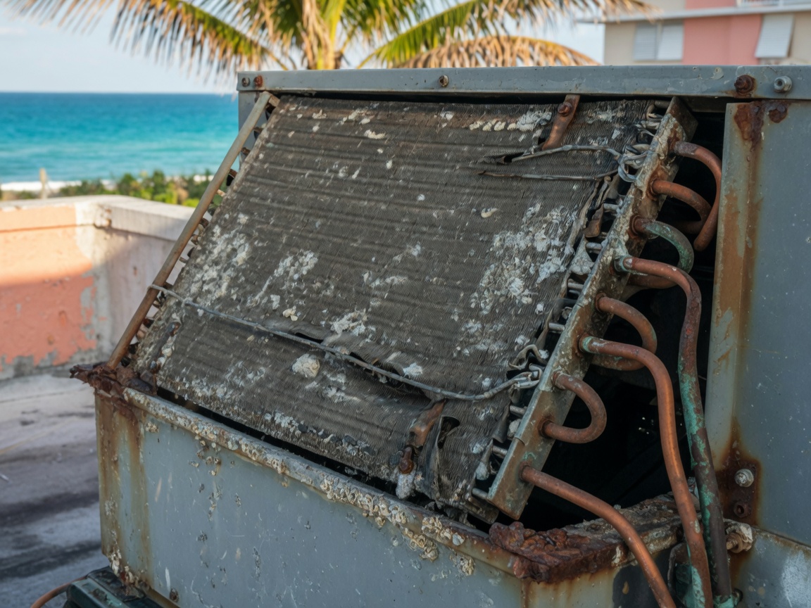 Signs of Salt Air Corrosion on Air Conditioner Coils in Pompano Beach